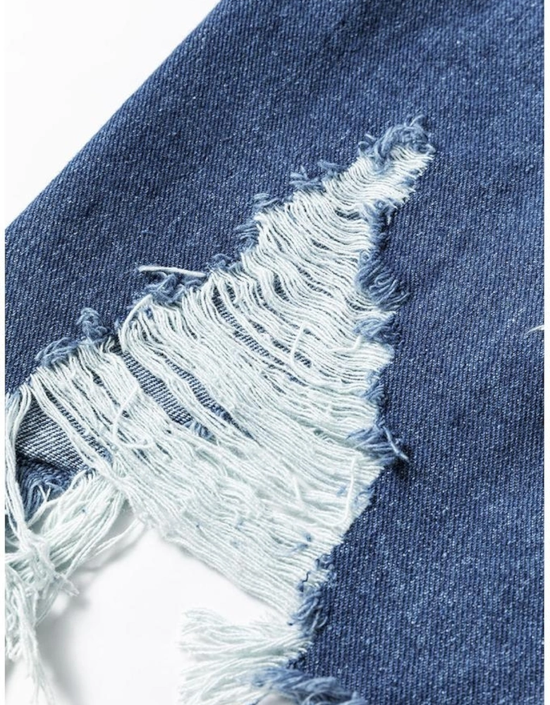 Sky Blue Light Wash Distressed Frayed Long Denim Jacket