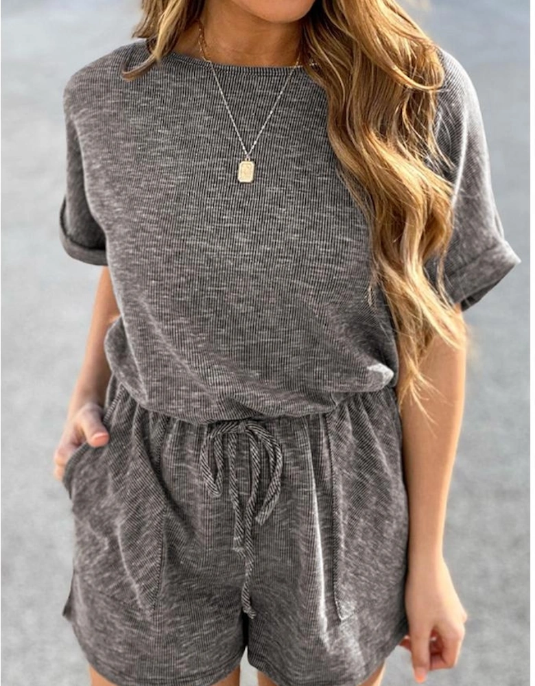 Gray Ribbed Elastic Waist Romper