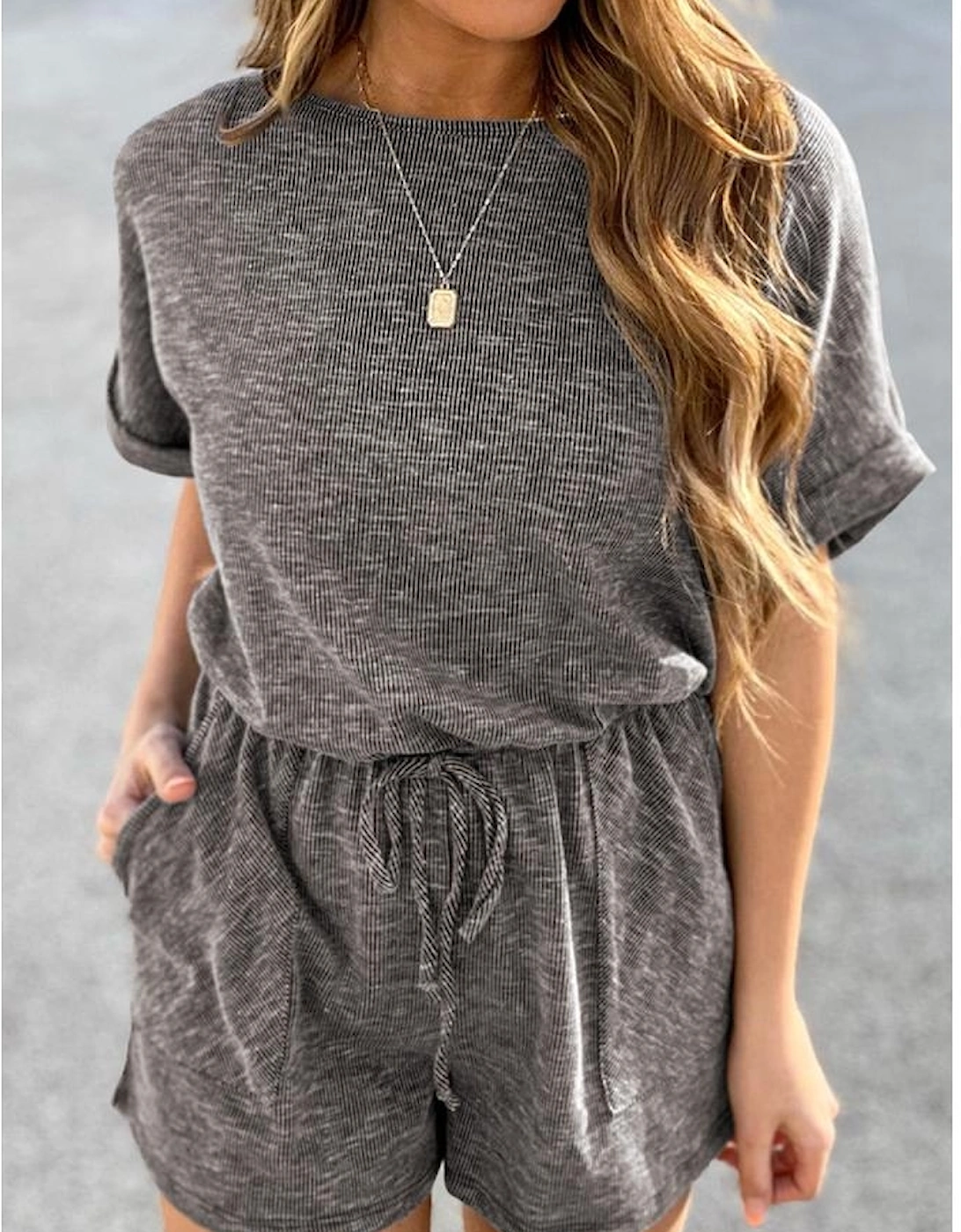 Gray Ribbed Elastic Waist Romper