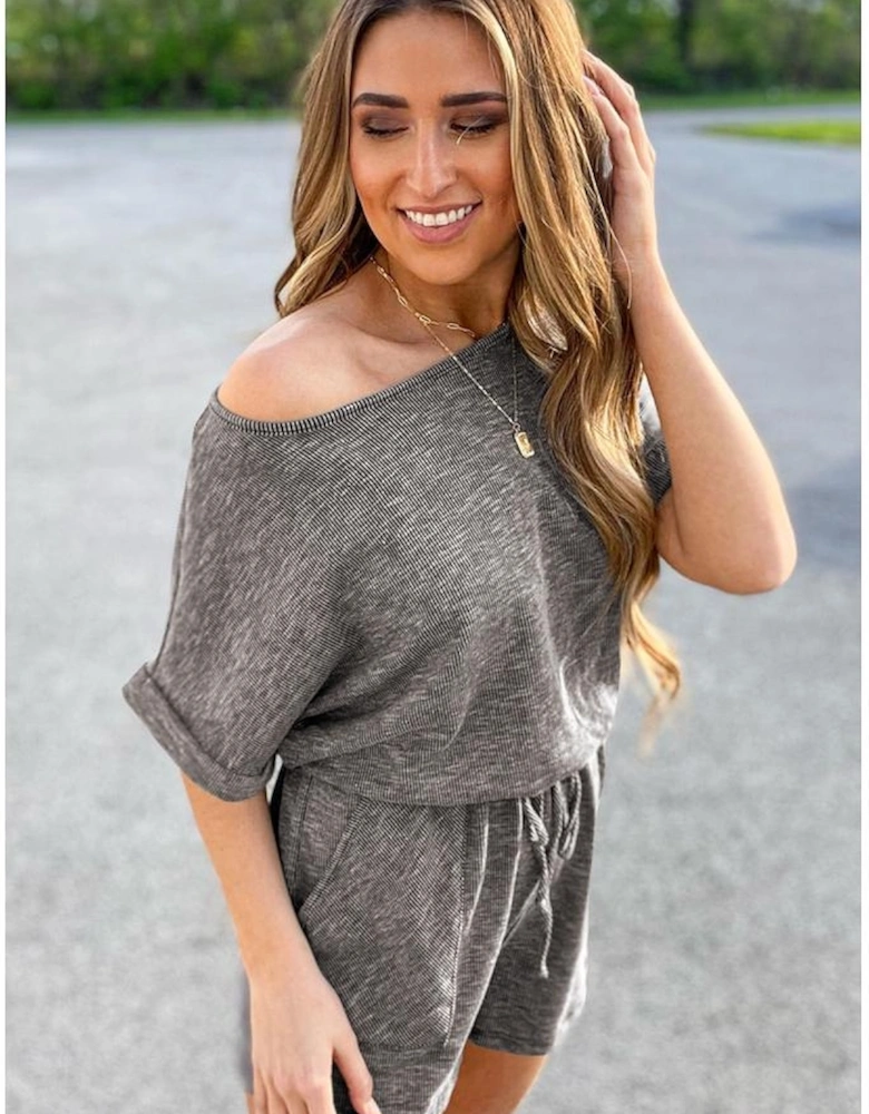 Gray Ribbed Elastic Waist Romper