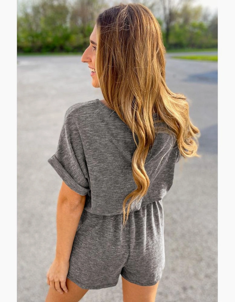 Gray Ribbed Elastic Waist Romper