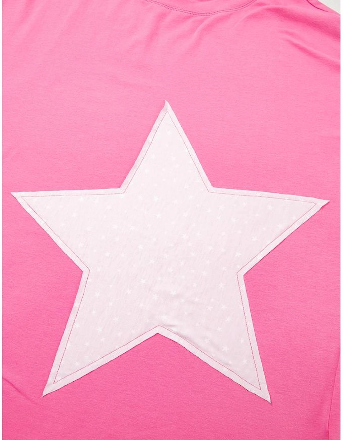 Pink Star Patched Colorblock Raw Edge Bracelet Sleeve Plus Size Loose Tee