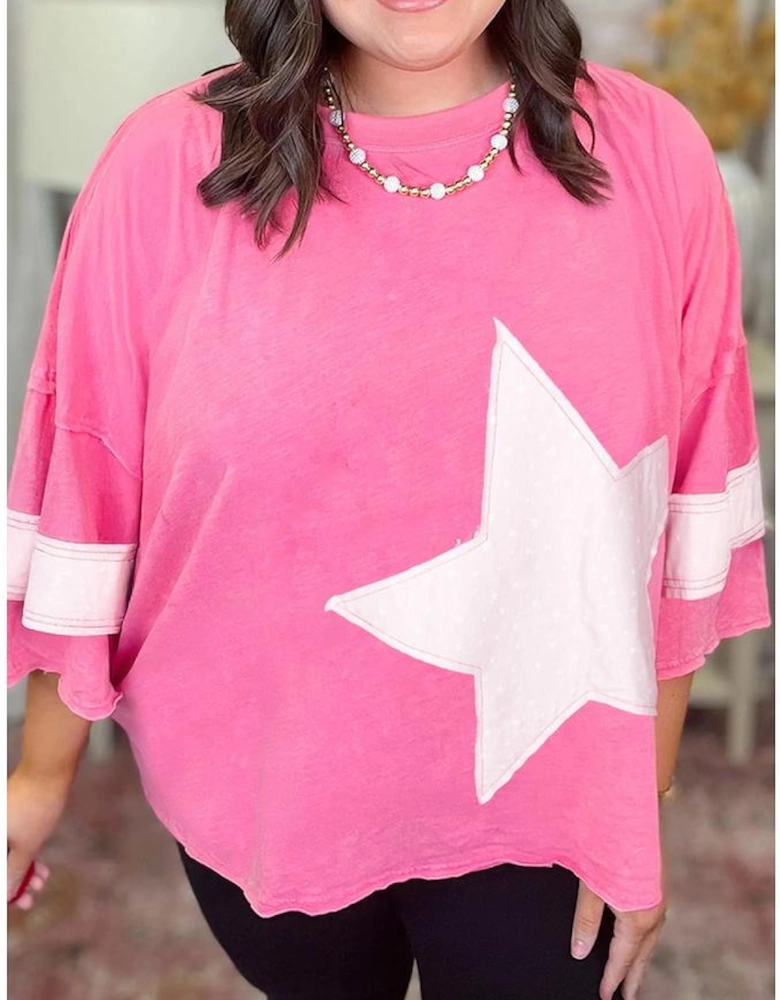 Pink Star Patched Colorblock Raw Edge Bracelet Sleeve Plus Size Loose Tee