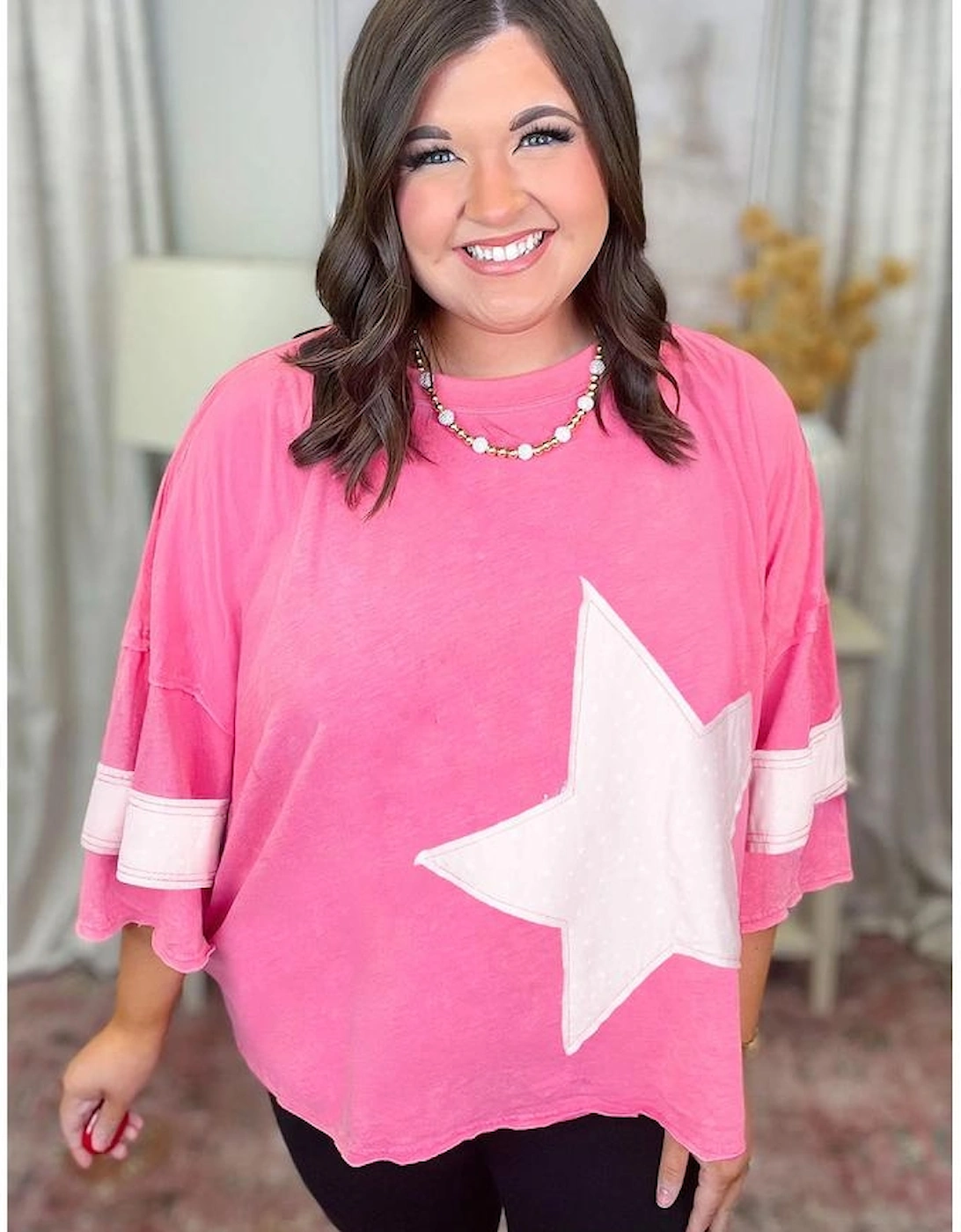 Pink Star Patched Colorblock Raw Edge Bracelet Sleeve Plus Size Loose Tee, 10 of 9