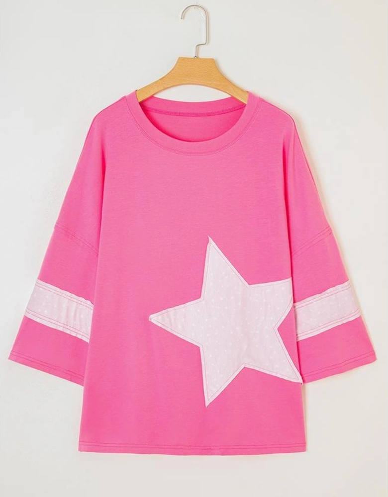 Pink Star Patched Colorblock Raw Edge Bracelet Sleeve Plus Size Loose Tee