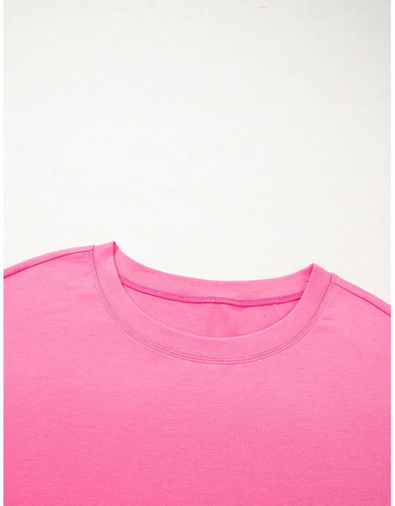 Pink Star Patched Colorblock Raw Edge Bracelet Sleeve Plus Size Loose Tee