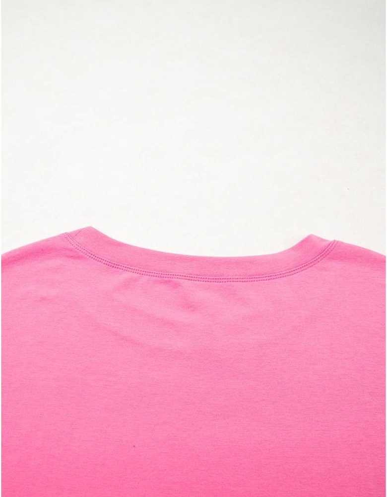Pink Star Patched Colorblock Raw Edge Bracelet Sleeve Plus Size Loose Tee
