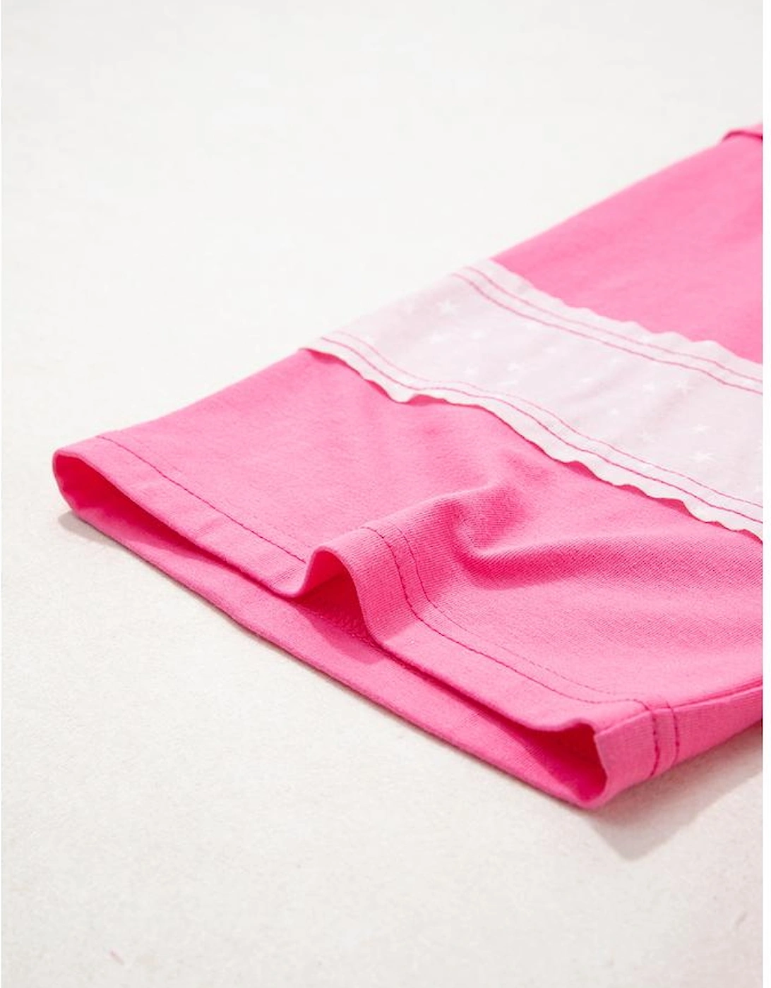 Pink Star Patched Colorblock Raw Edge Bracelet Sleeve Plus Size Loose Tee