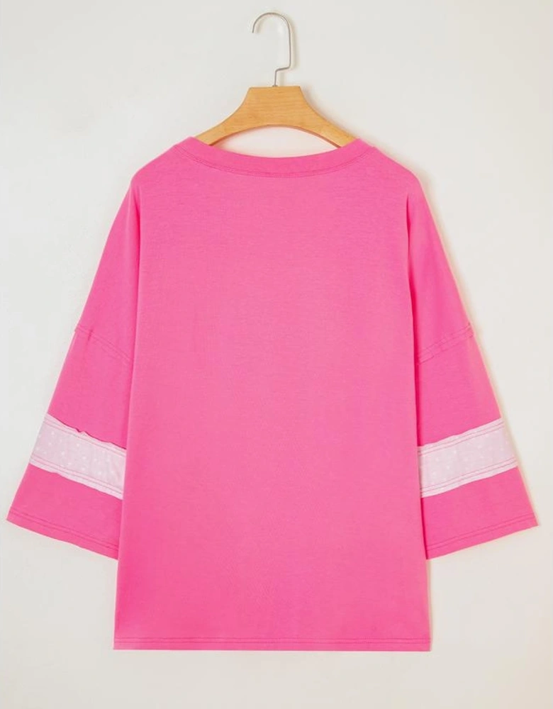 Pink Star Patched Colorblock Raw Edge Bracelet Sleeve Plus Size Loose Tee