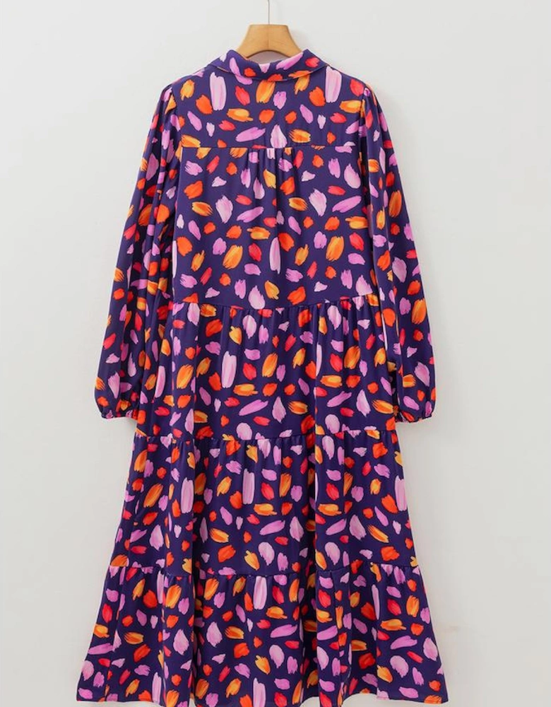 Blue Petal Collared Tiered Flowy Long Dress