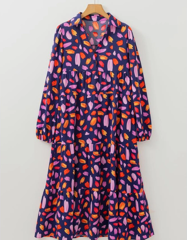 Blue Petal Collared Tiered Flowy Long Dress