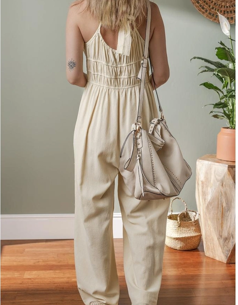 Beige Ruched High Waist Sleeveless Wide Leg Jumpsuit
