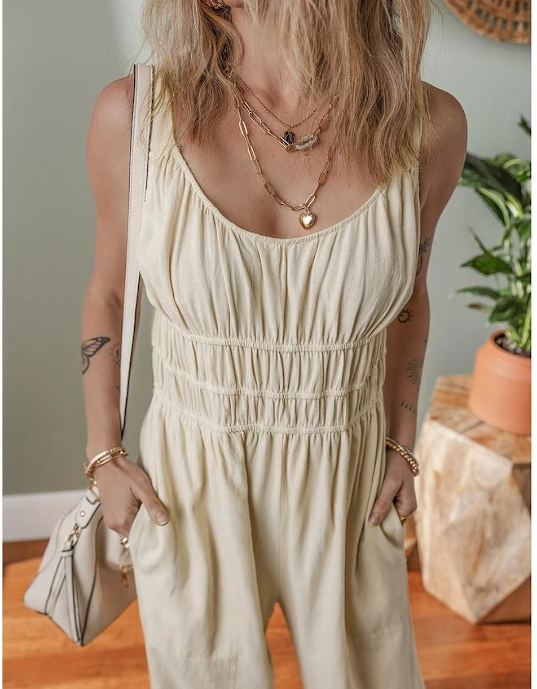 Beige Ruched High Waist Sleeveless Wide Leg Jumpsuit