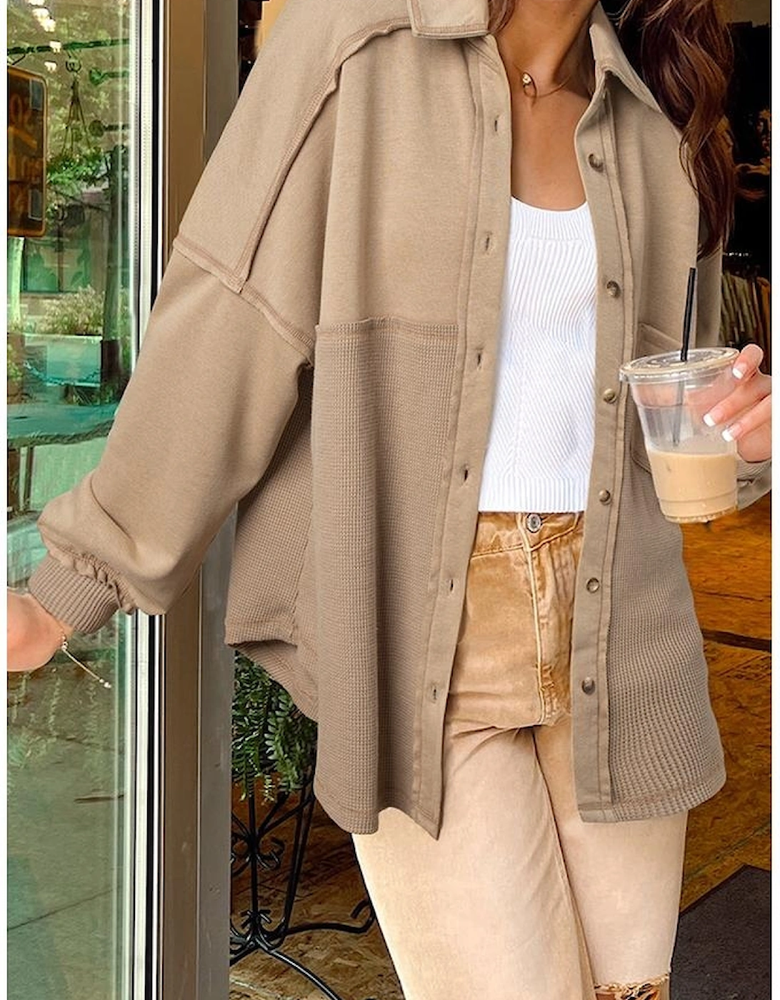 Goat Mineral Wash Textured Patchwork Loose Fit Shacket