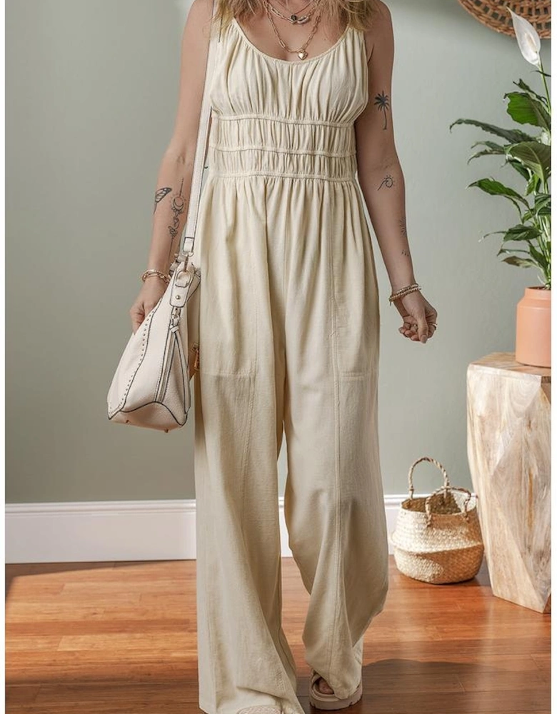 Beige Ruched High Waist Sleeveless Wide Leg Jumpsuit