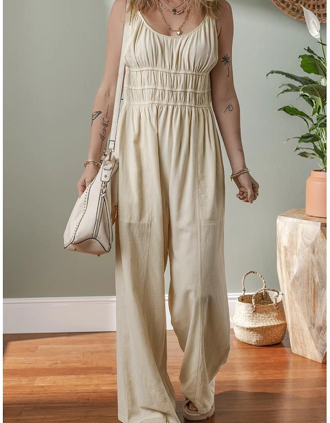 Beige Ruched High Waist Sleeveless Wide Leg Jumpsuit