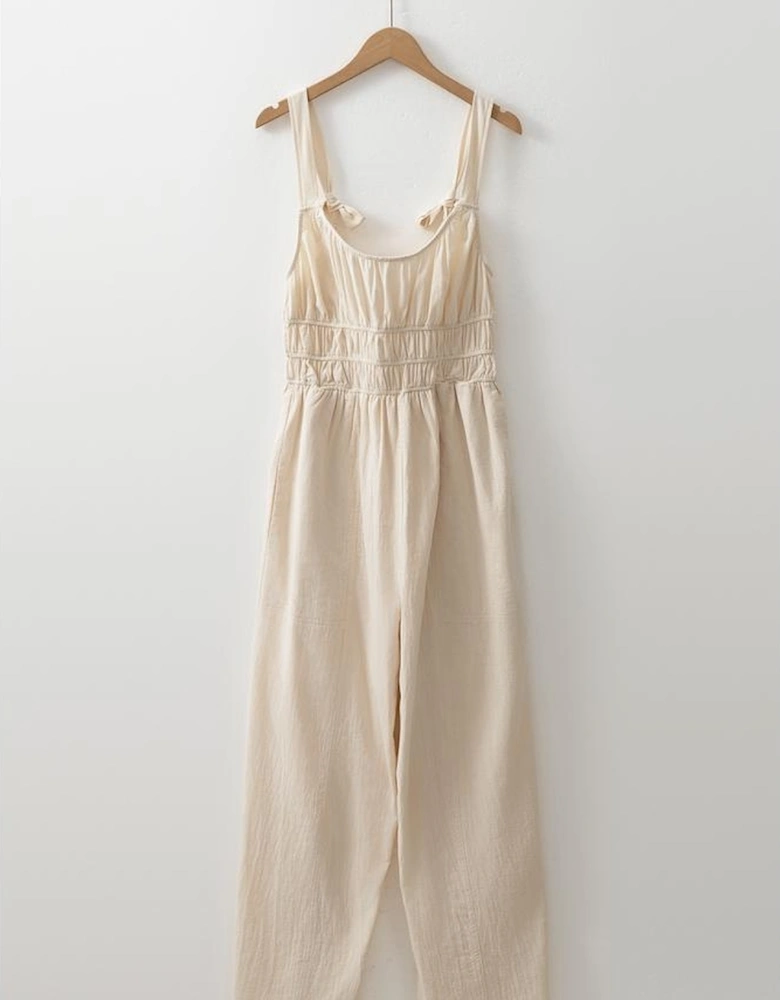 Beige Ruched High Waist Sleeveless Wide Leg Jumpsuit