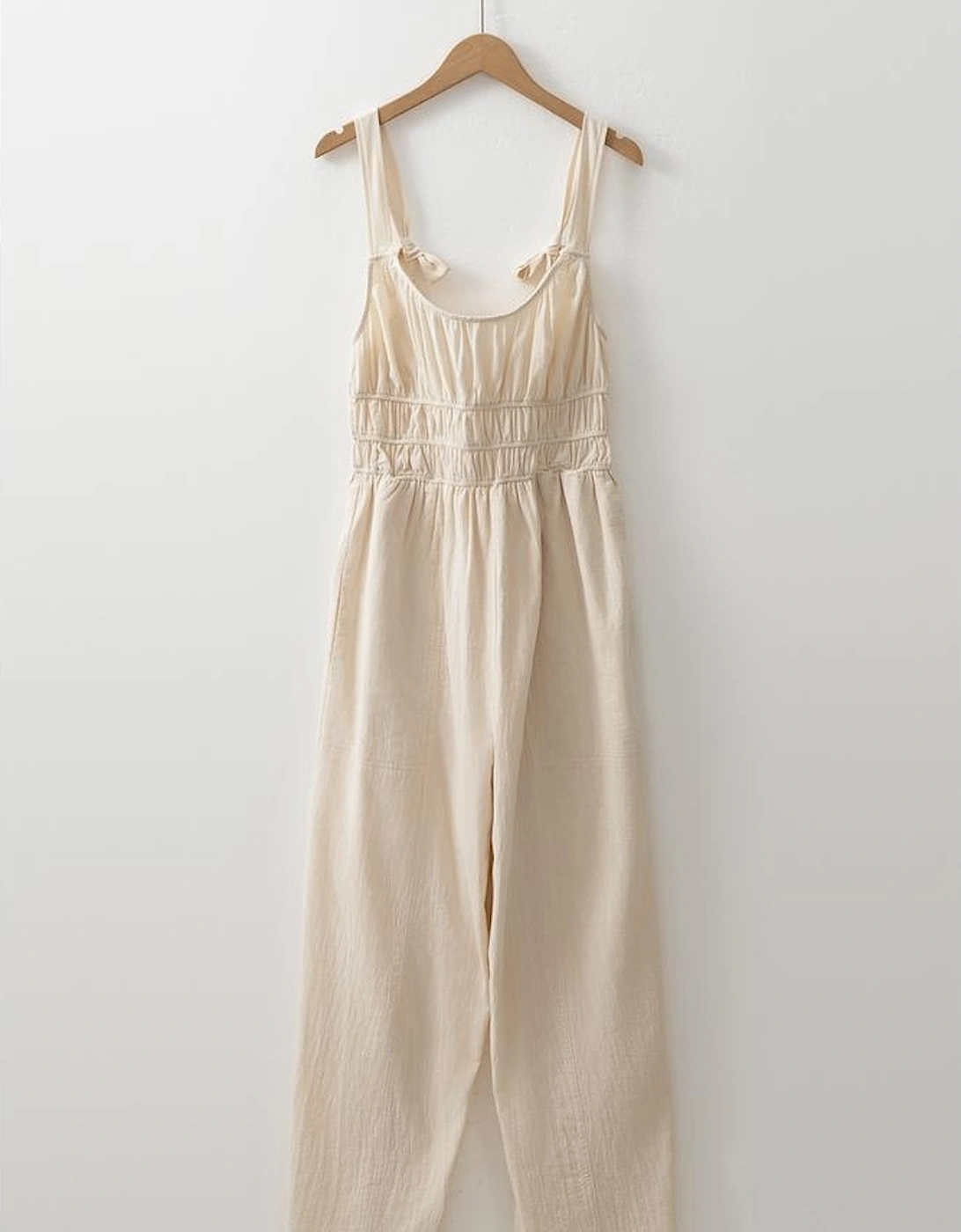 Beige Ruched High Waist Sleeveless Wide Leg Jumpsuit