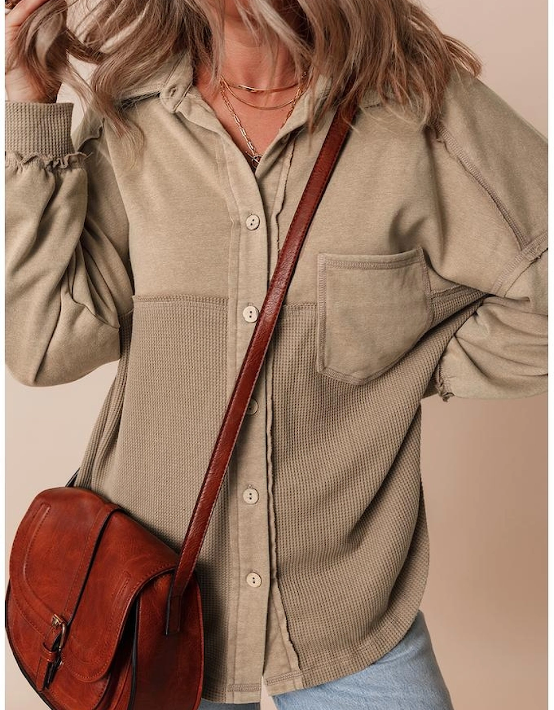 Goat Mineral Wash Textured Patchwork Loose Fit Shacket