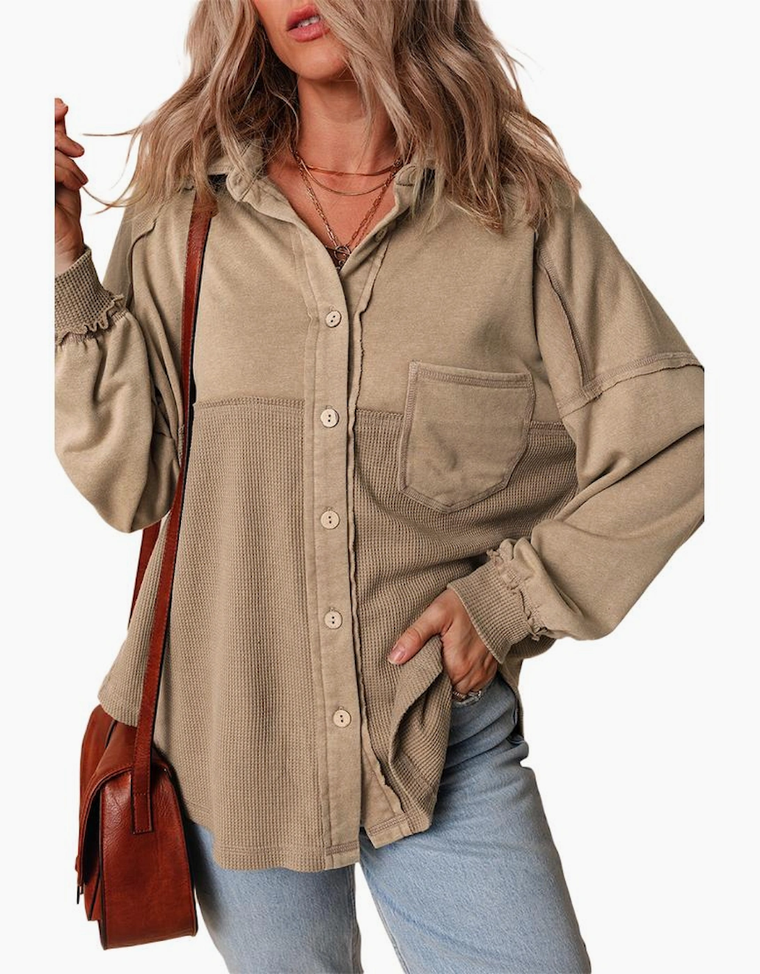 Goat Mineral Wash Textured Patchwork Loose Fit Shacket