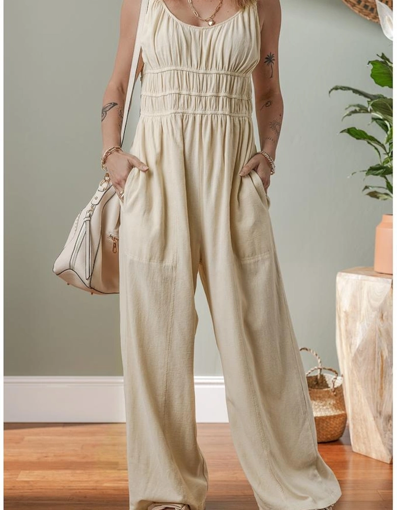 Beige Ruched High Waist Sleeveless Wide Leg Jumpsuit