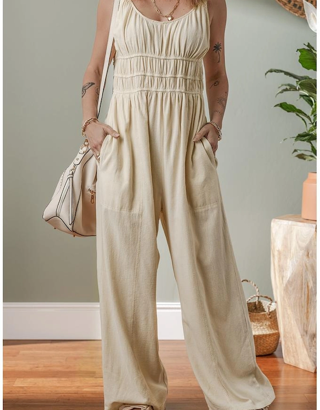 Beige Ruched High Waist Sleeveless Wide Leg Jumpsuit