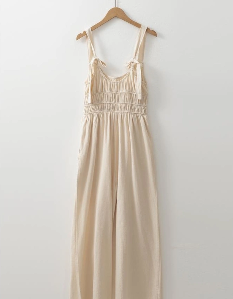 Beige Ruched High Waist Sleeveless Wide Leg Jumpsuit