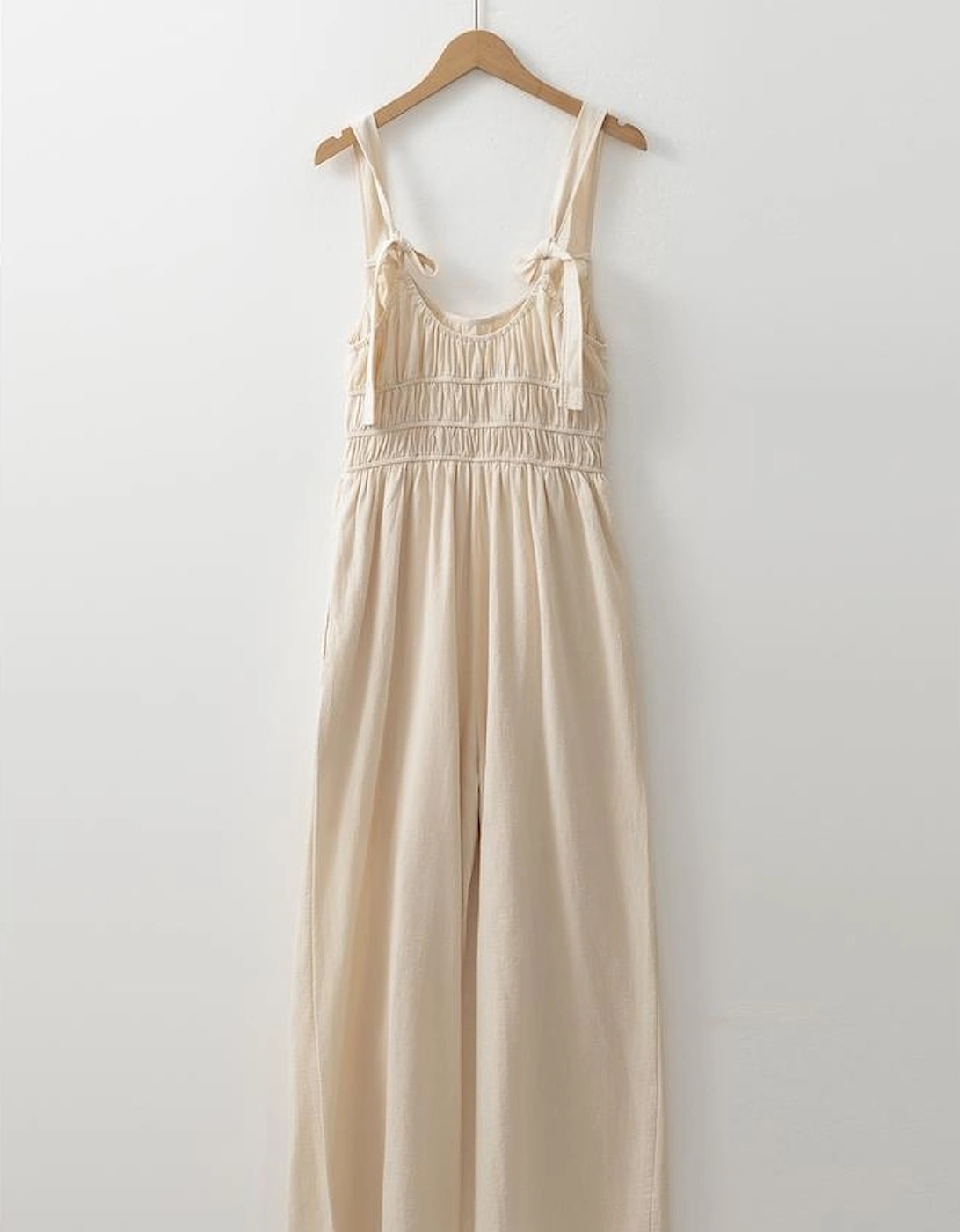 Beige Ruched High Waist Sleeveless Wide Leg Jumpsuit