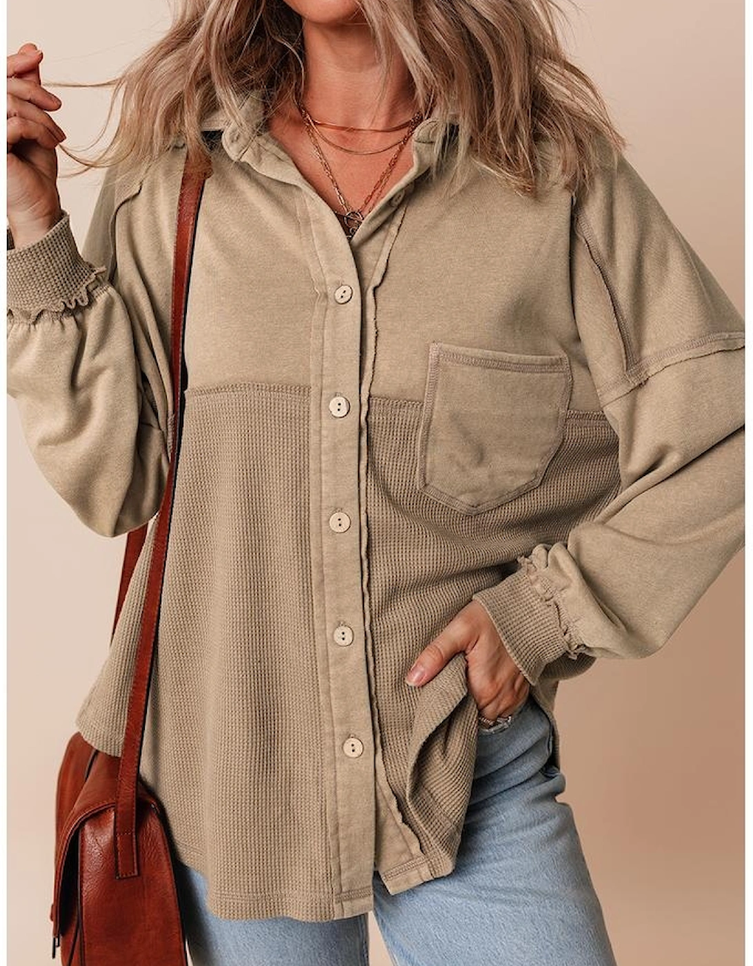 Goat Mineral Wash Textured Patchwork Loose Fit Shacket