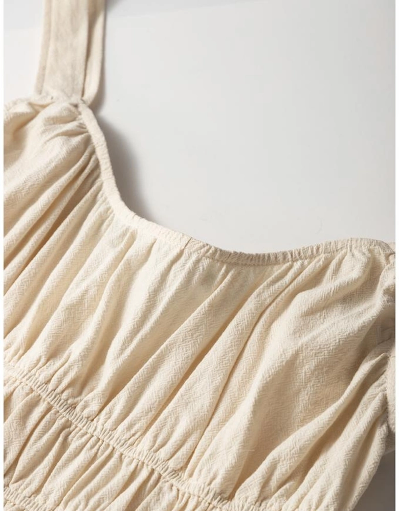 Beige Ruched High Waist Sleeveless Wide Leg Jumpsuit