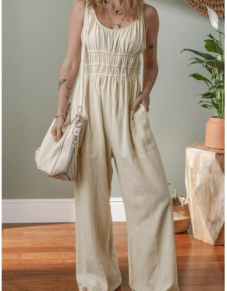 Beige Ruched High Waist Sleeveless Wide Leg Jumpsuit