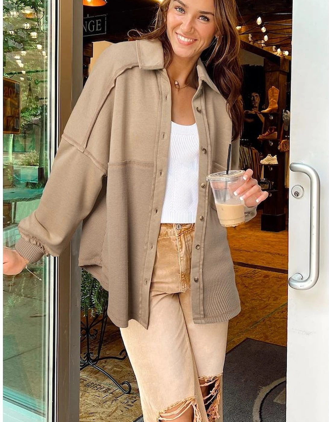 Goat Mineral Wash Textured Patchwork Loose Fit Shacket