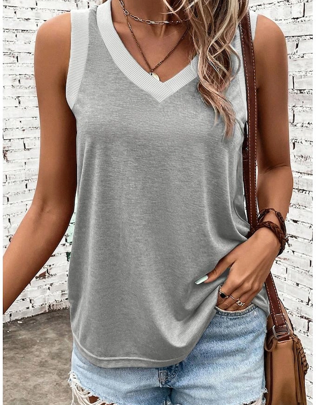 Gray Ribbed V Neck Tank