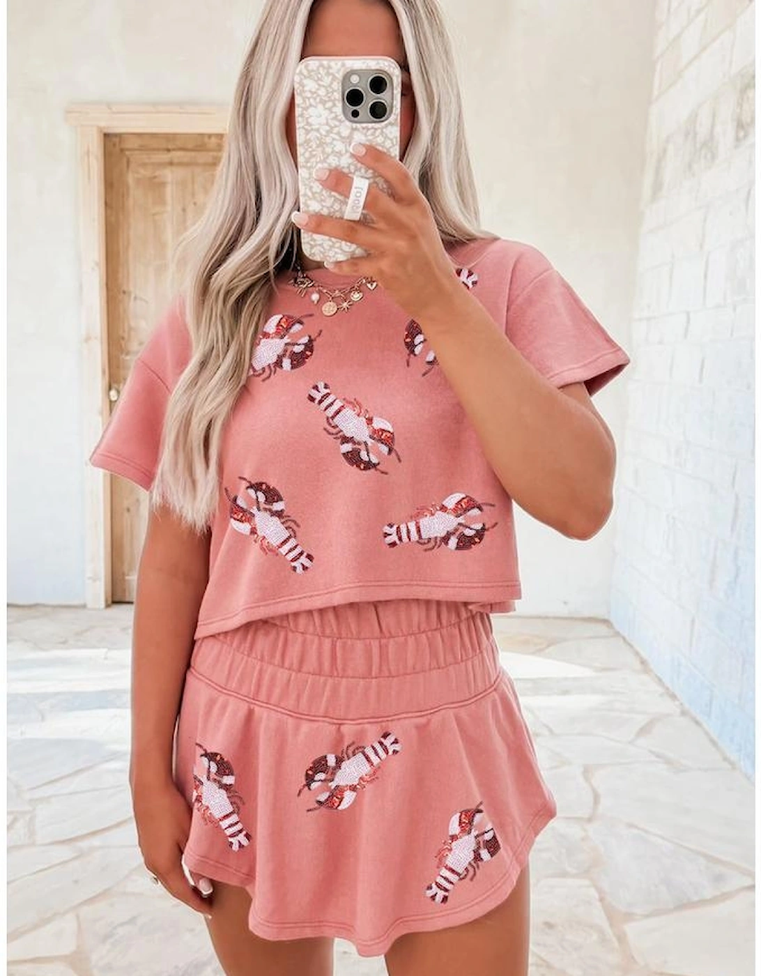 Blossom Sequin Crawfish Graphic Cropped Tee High Waist Skort 2pcs Outfit