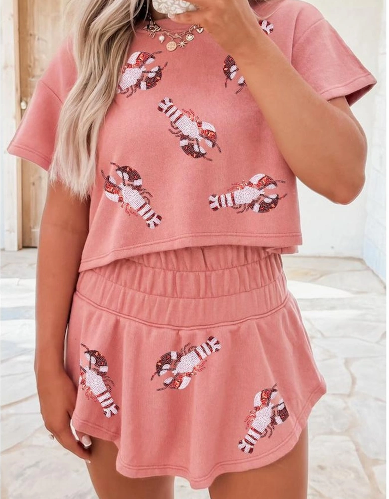 Blossom Sequin Crawfish Graphic Cropped Tee High Waist Skort 2pcs Outfit