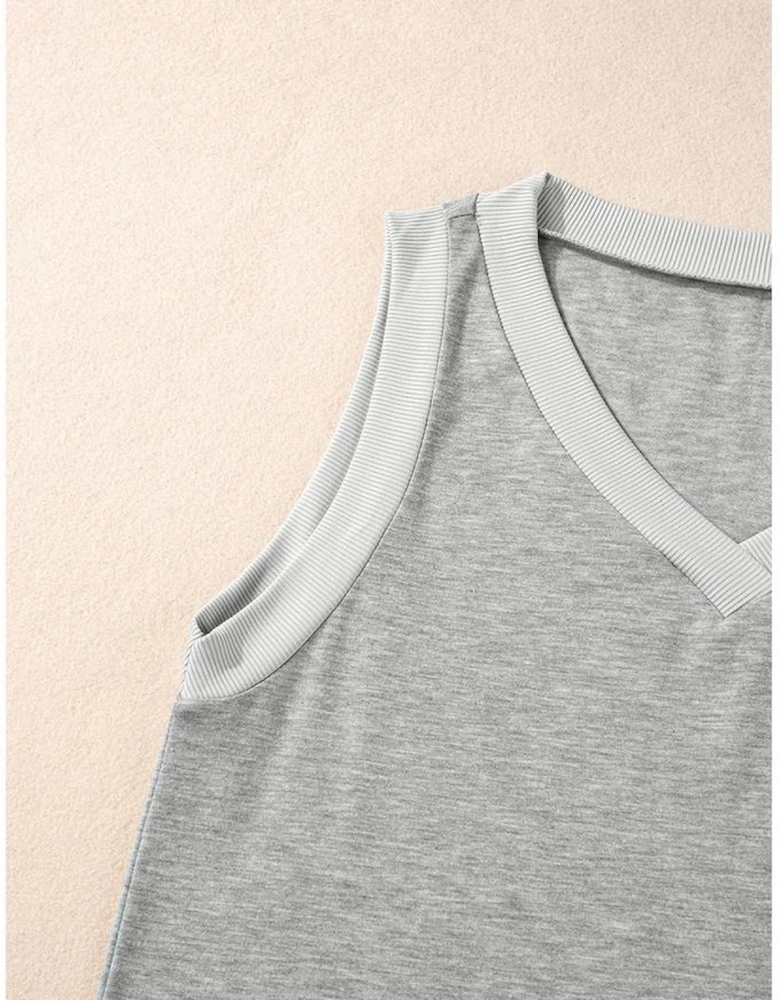 Gray Ribbed V Neck Tank