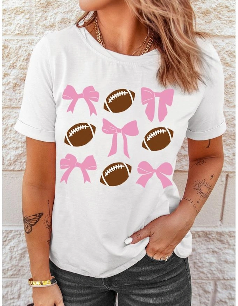 White Bowknot Rugby Football Printed Game Day T Shirt