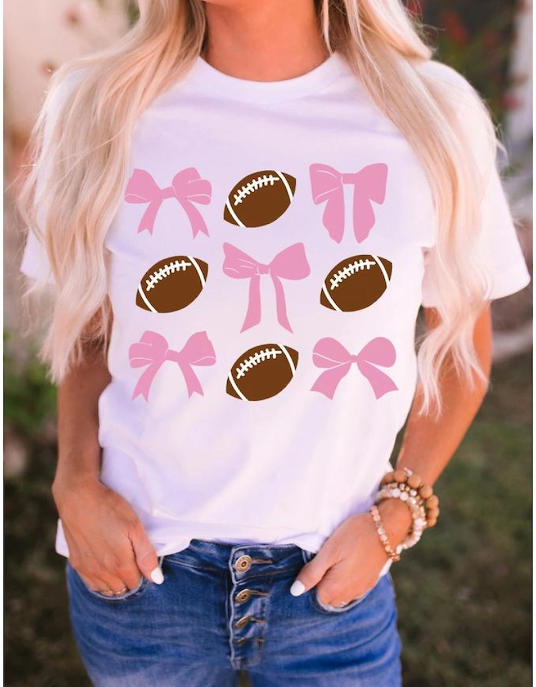 White Bowknot Rugby Football Printed Game Day T Shirt