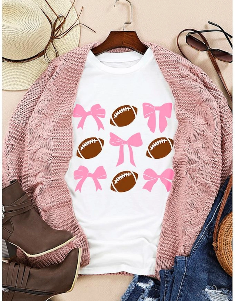 White Bowknot Rugby Football Printed Game Day T Shirt