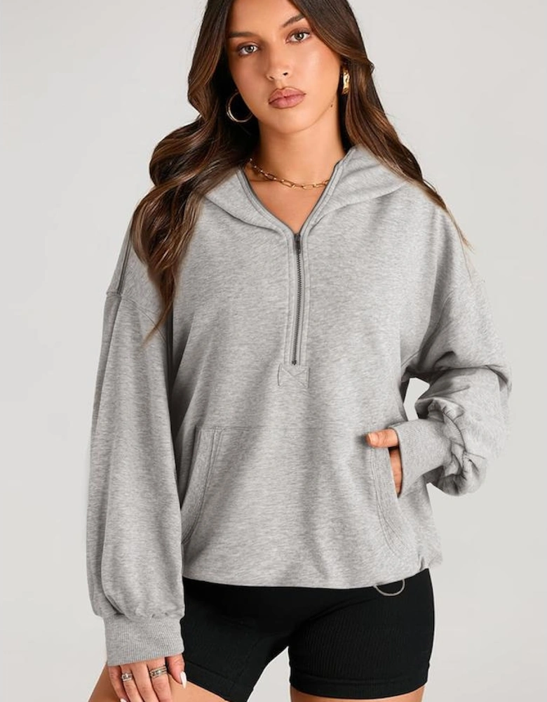 Light Grey Solid Kangaroo Pocket Half Zipper Oversized Hoodie