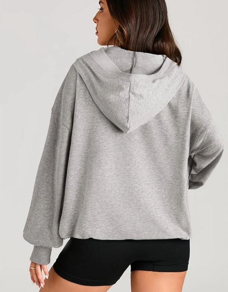 Light Grey Solid Kangaroo Pocket Half Zipper Oversized Hoodie