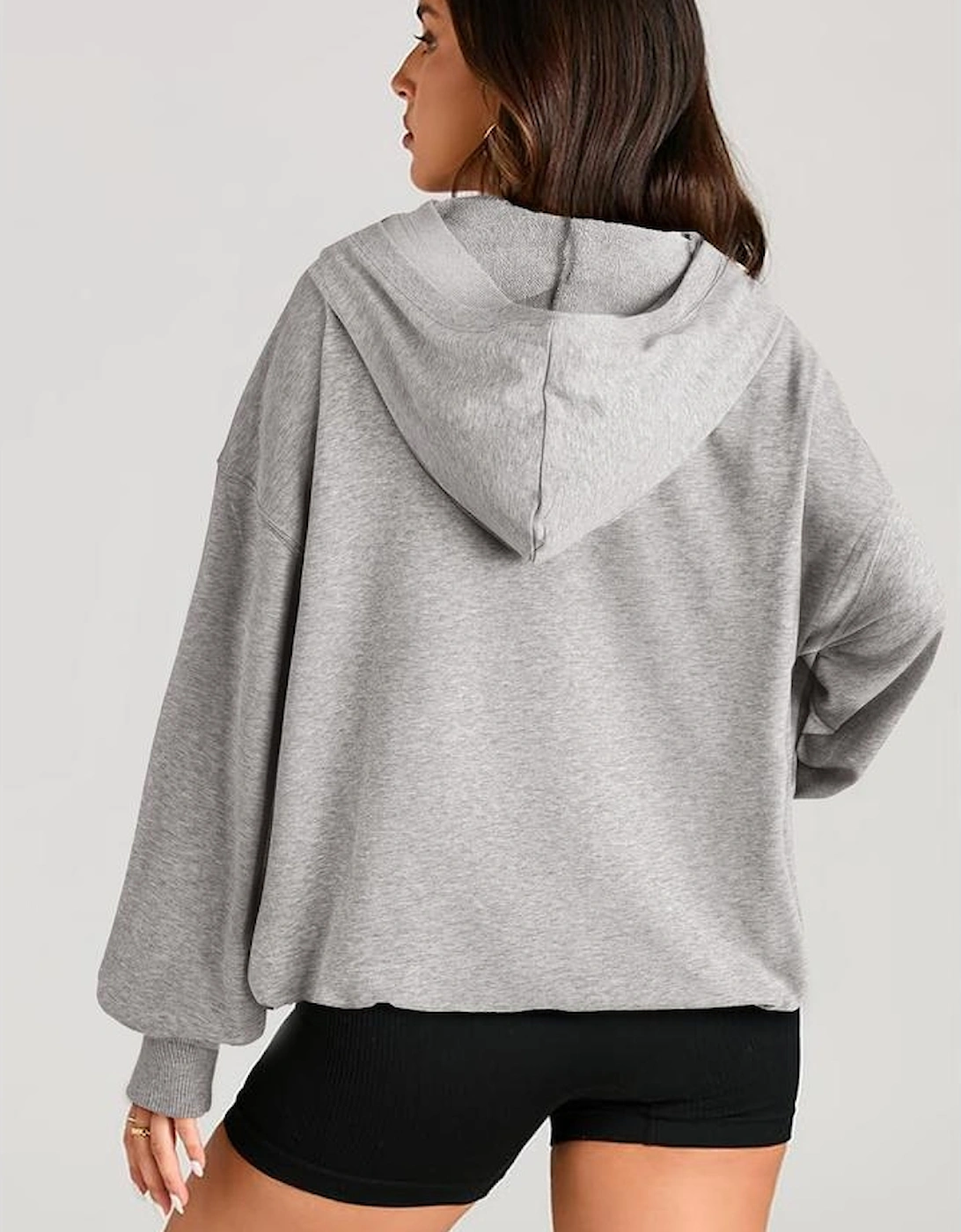 Light Grey Solid Kangaroo Pocket Half Zipper Oversized Hoodie