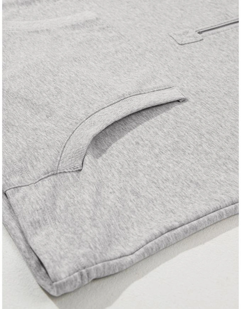 Light Grey Solid Kangaroo Pocket Half Zipper Oversized Hoodie