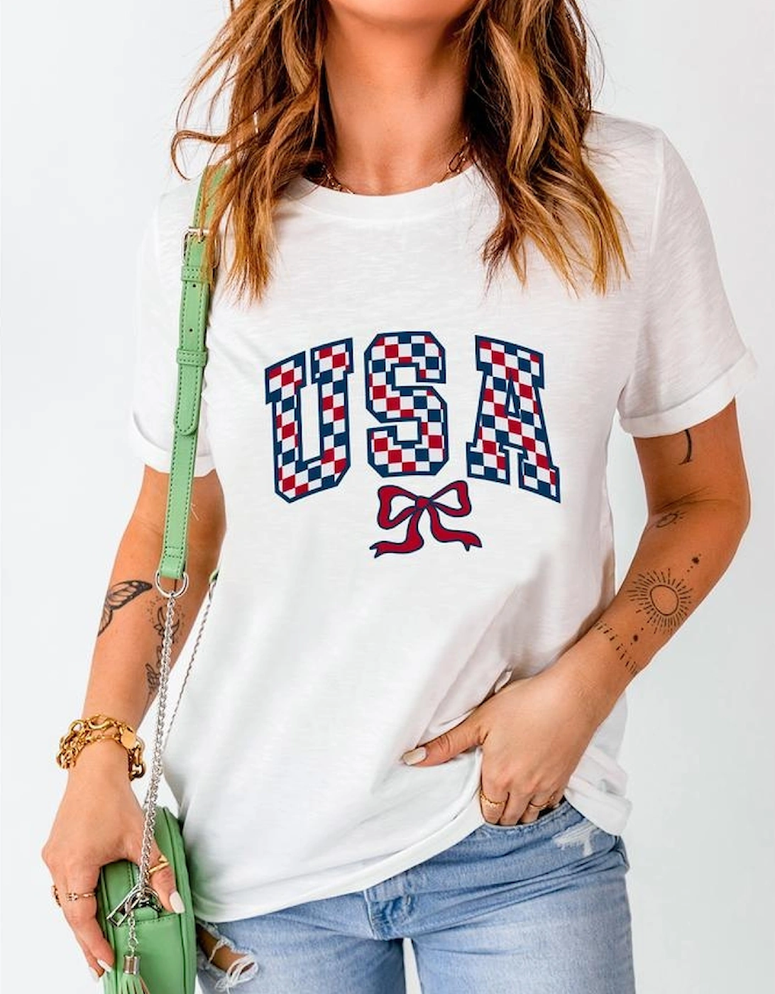 White Checkered USA Graphic Casual Tee