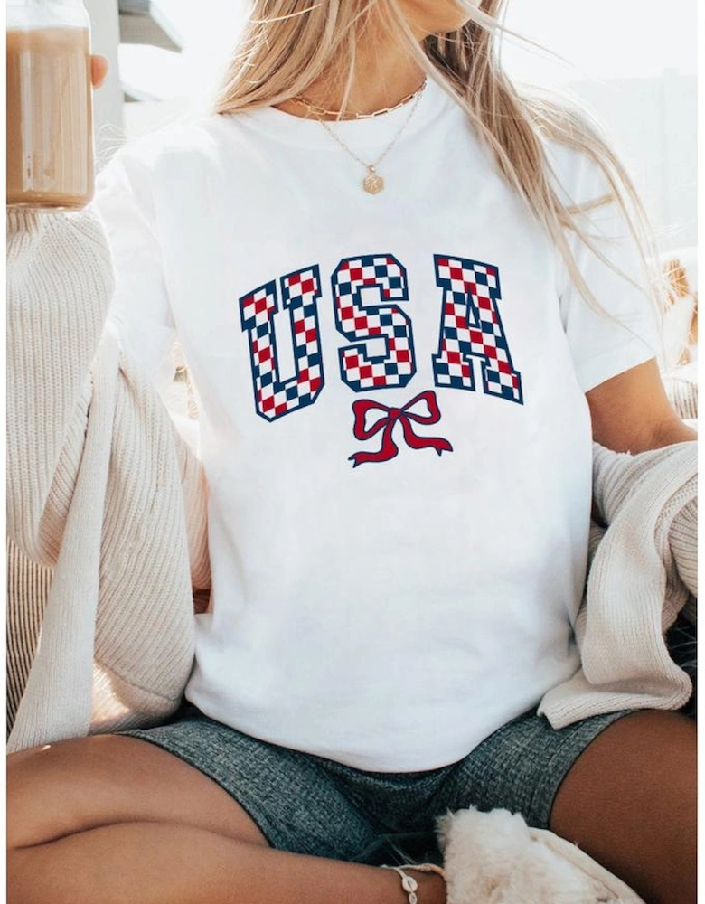 White Checkered USA Graphic Casual Tee