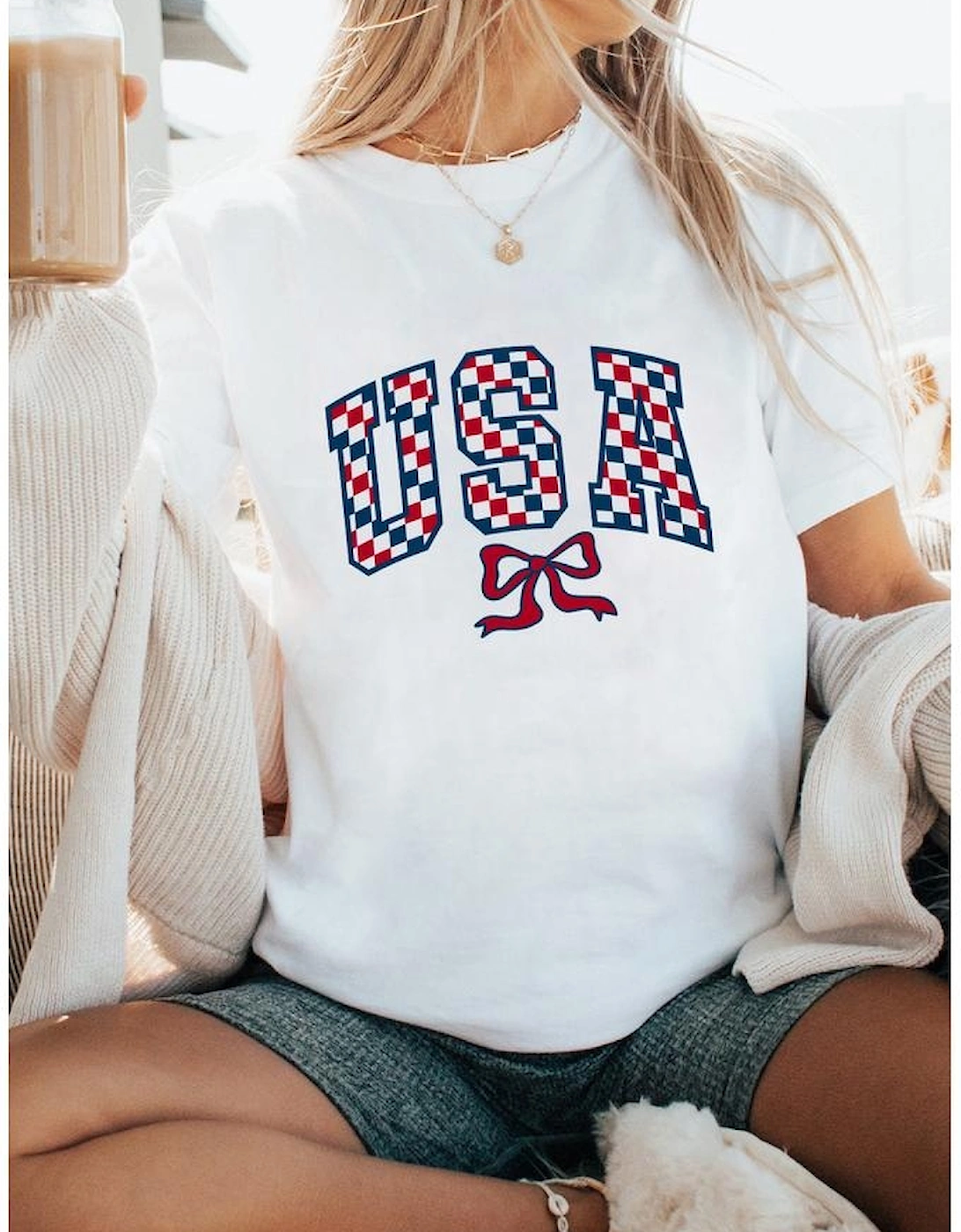 White Checkered USA Graphic Casual Tee