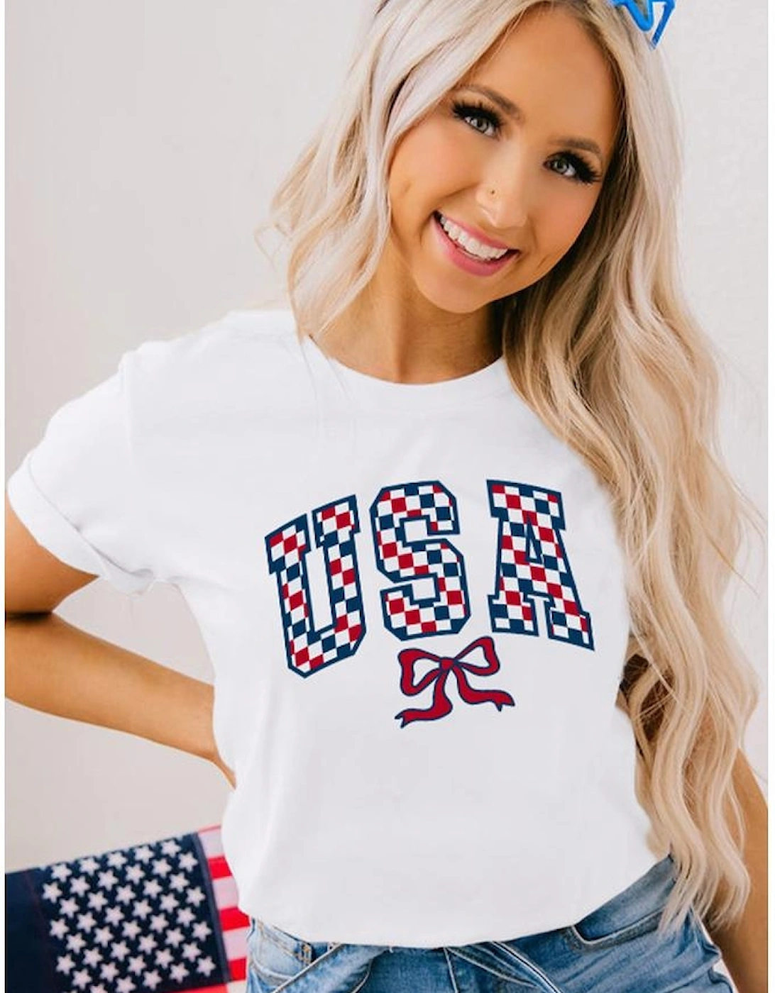 White Checkered USA Graphic Casual Tee