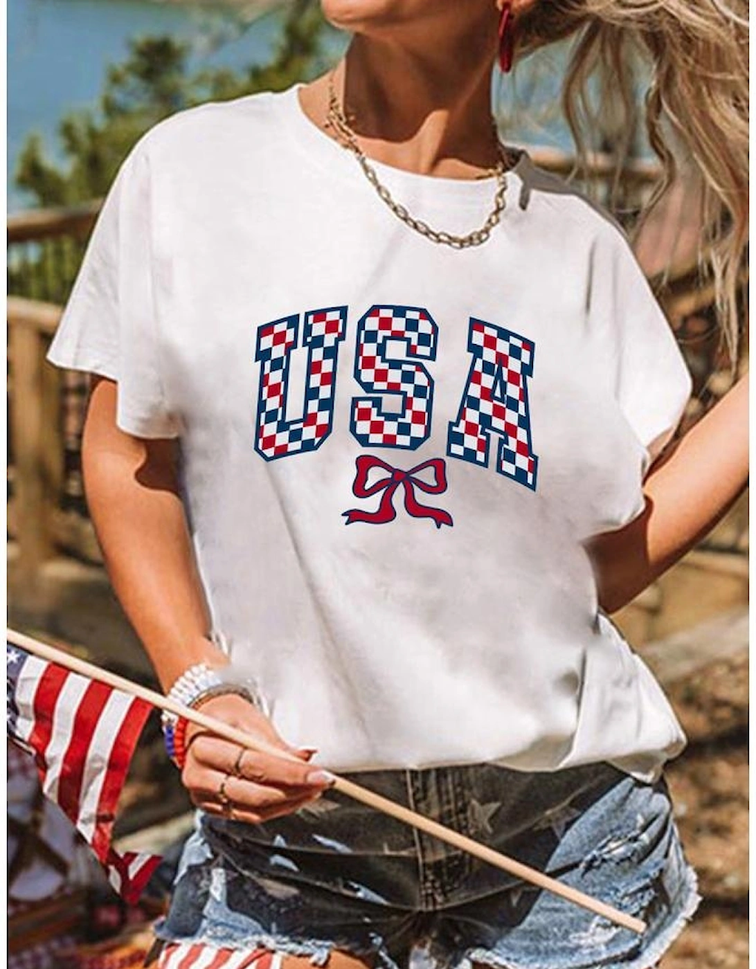 White Checkered USA Graphic Casual Tee