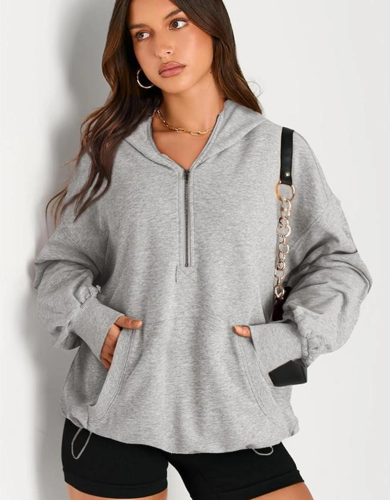 Light Grey Solid Kangaroo Pocket Half Zipper Oversized Hoodie