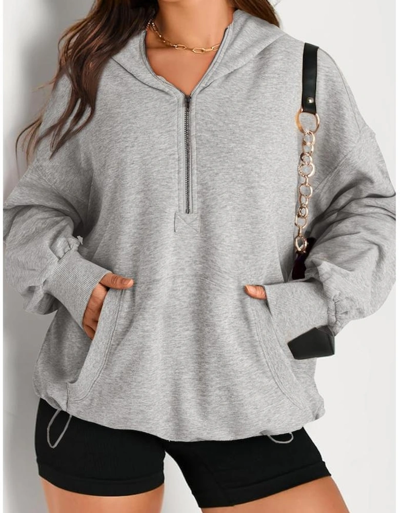 Light Grey Solid Kangaroo Pocket Half Zipper Oversized Hoodie